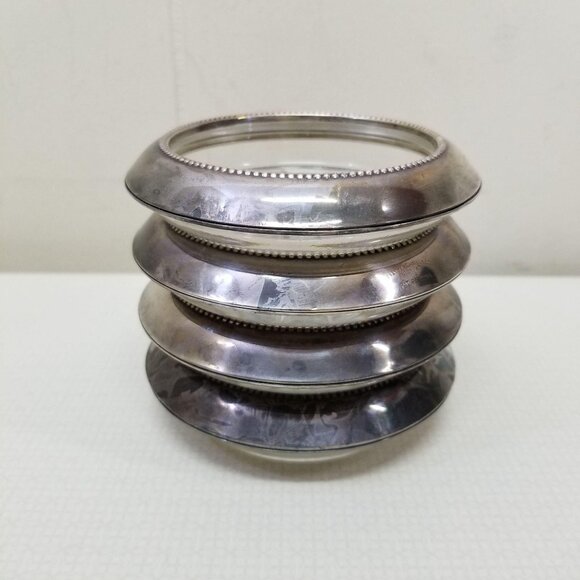 4 Sterling Silver Frank M Whiting Glass Coasters Vintage Sunburst MCM Home Decor - Picture 2 of 5